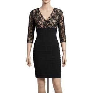 Adrianna Papell Dress 6 Black Lace Sheath Bodycon V Neck Cocktail Party Y2K